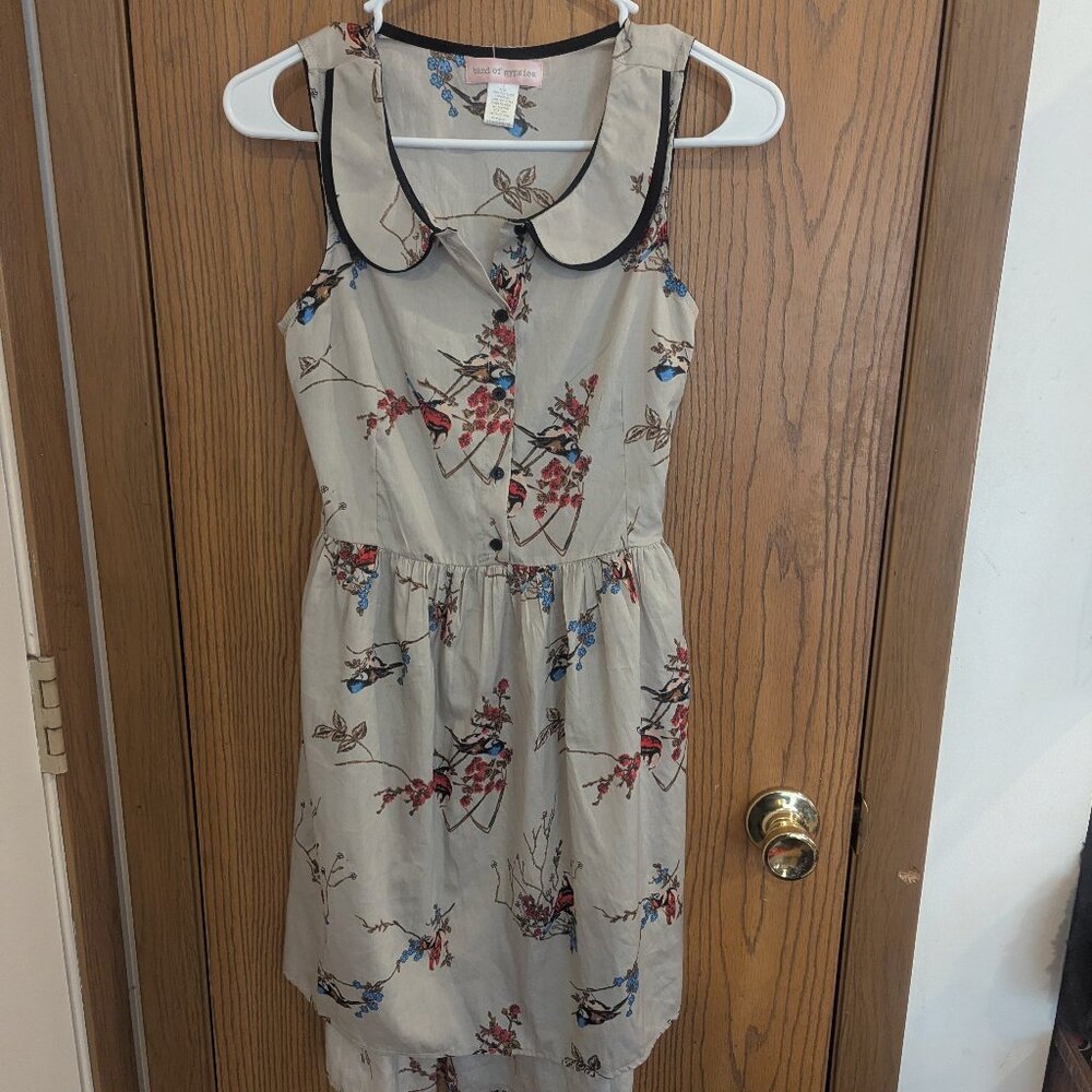 Band of Gypsies Silky Fit/Flare Dress Floral Bird Print Sleeveless Gray-Small